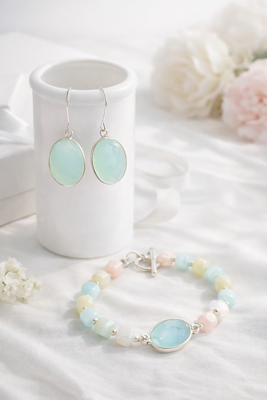 Moonstone & Aquamarine Ocean Green Bracelet + Earring Set