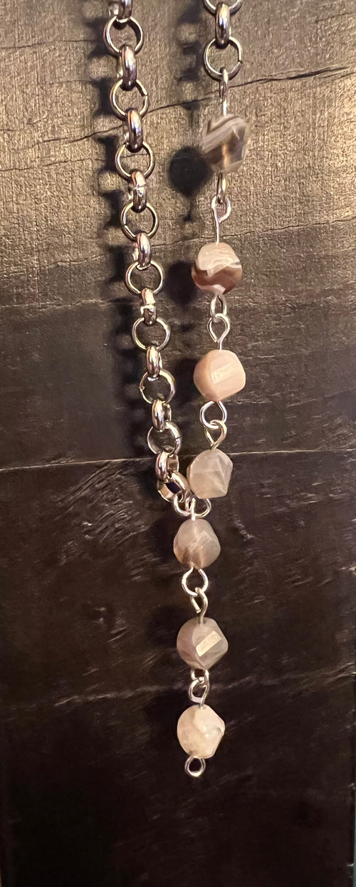 Antique Silver Rolo Chain Necklace with Moonstone Accents