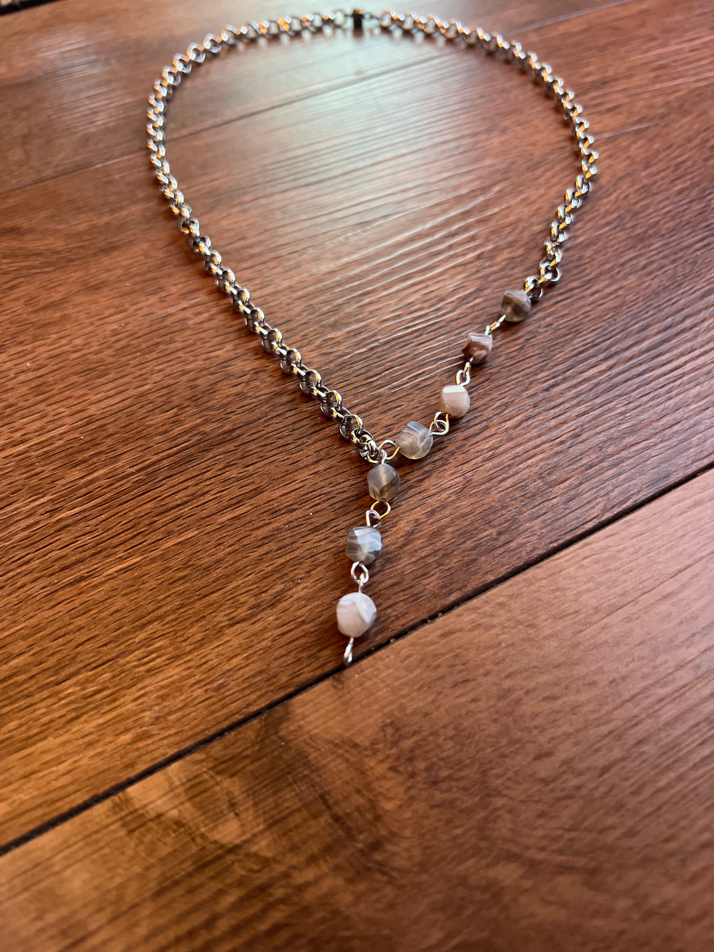 Antique Silver Rolo Chain Necklace with Moonstone Accents