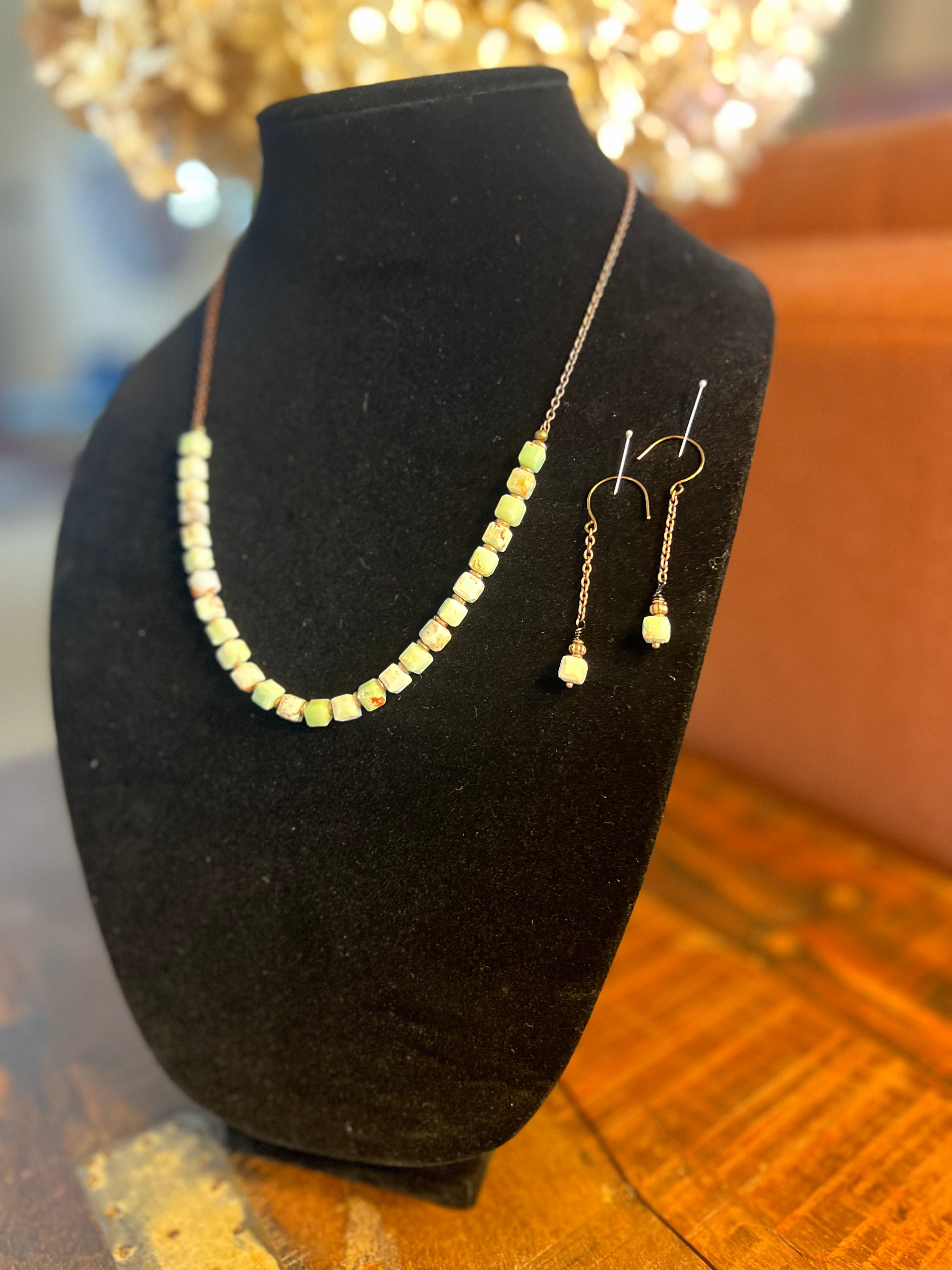 Soft-toned Opal & Antique Copper Necklace + Earring Ensemble
