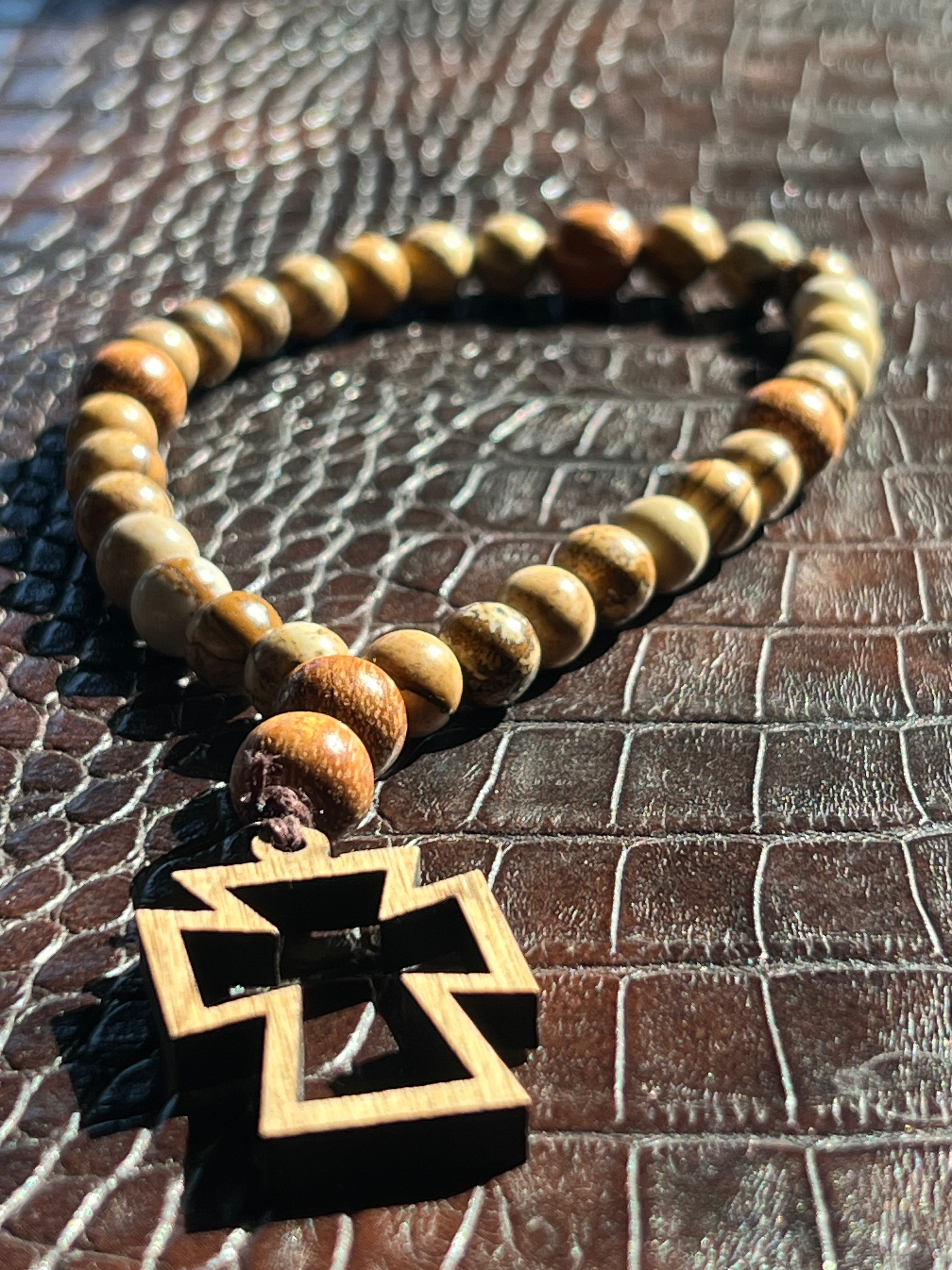 Jasper Prayer Beads with Wooden Cross