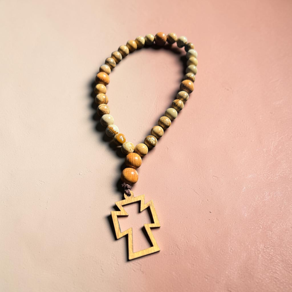 Jasper Prayer Beads with Wooden Cross