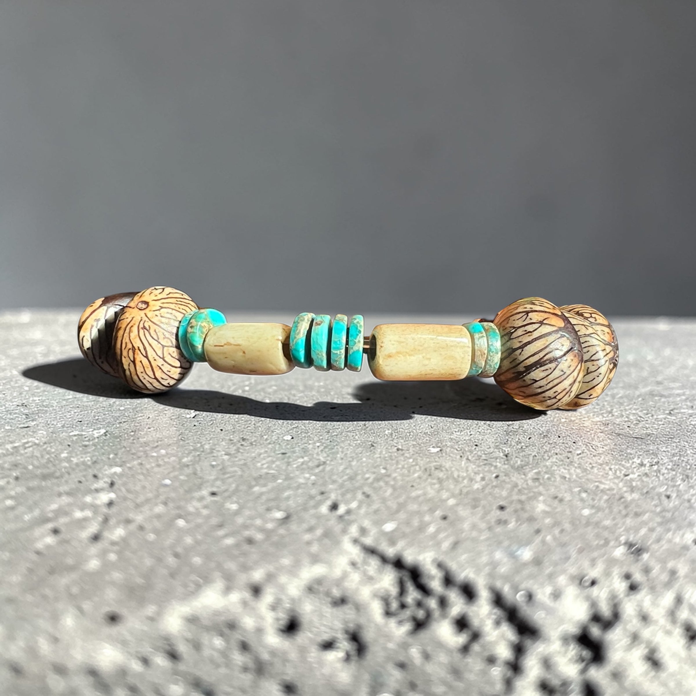 Tagua Nut, Turquoise and Bone Stretch Bracelet