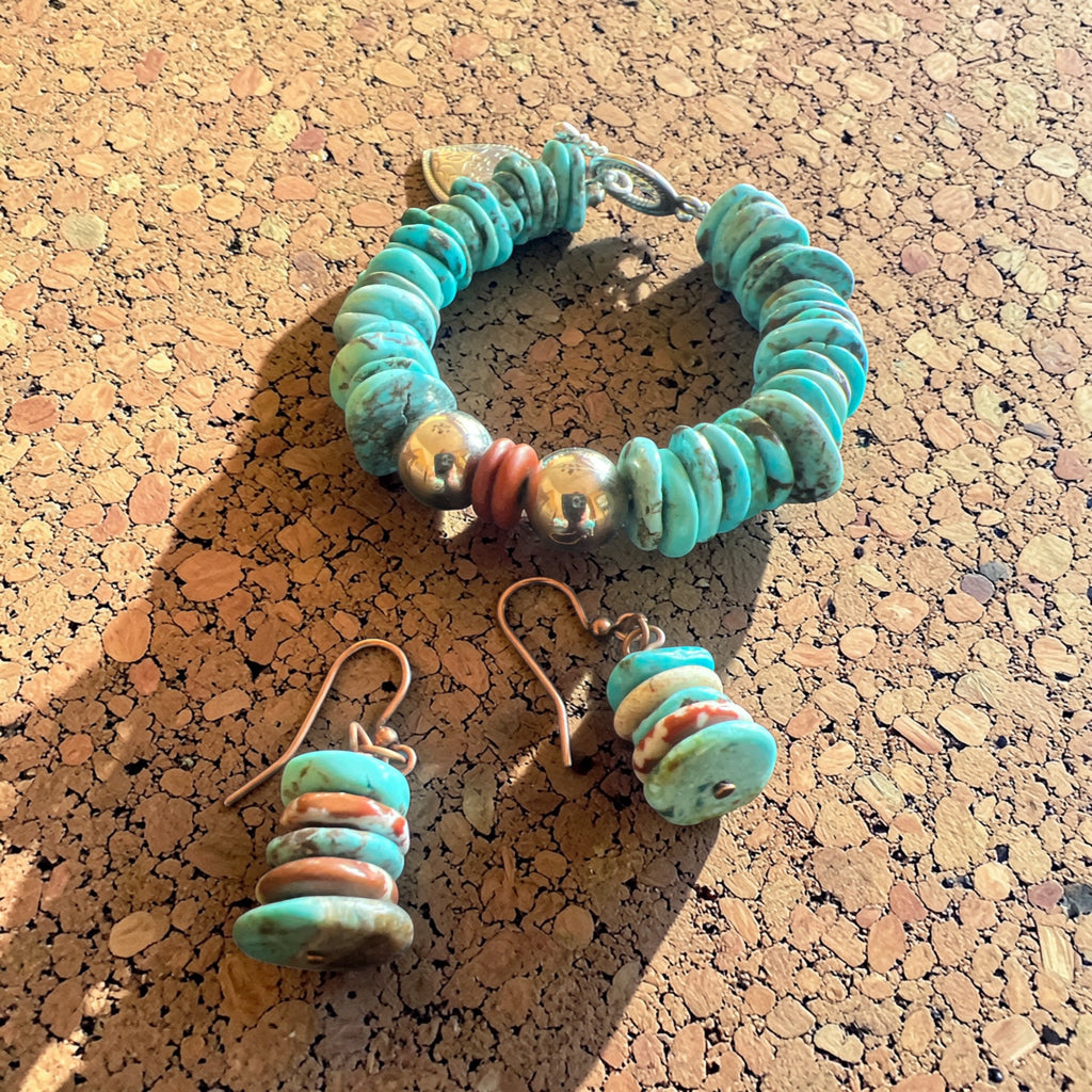 Classic Tibetan Turquoise Bracelet & Copper Accent Earrings