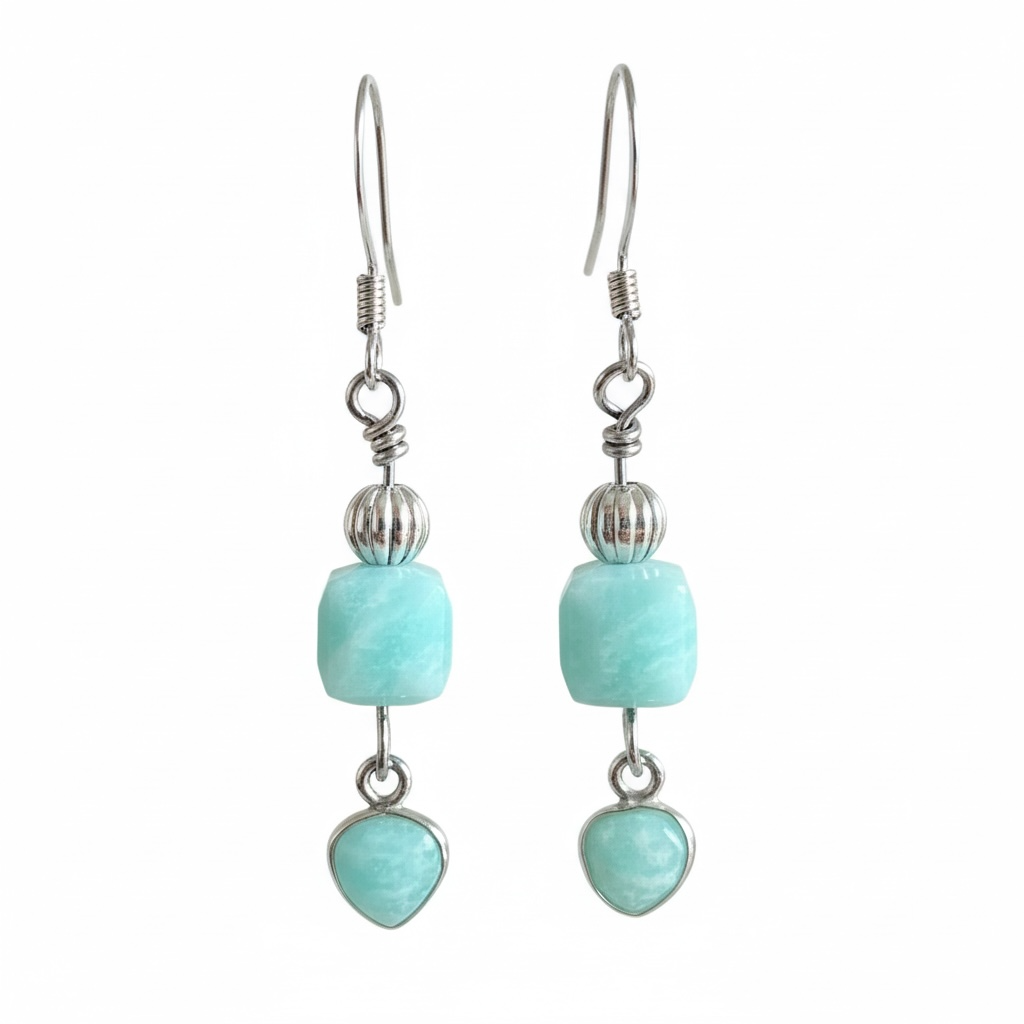 Blue Aquatine and Heart Charm Earrings