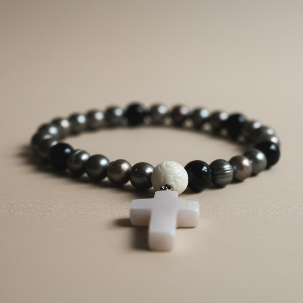 Elegant Pearl Prayer Beads with Rose Quartz Cross