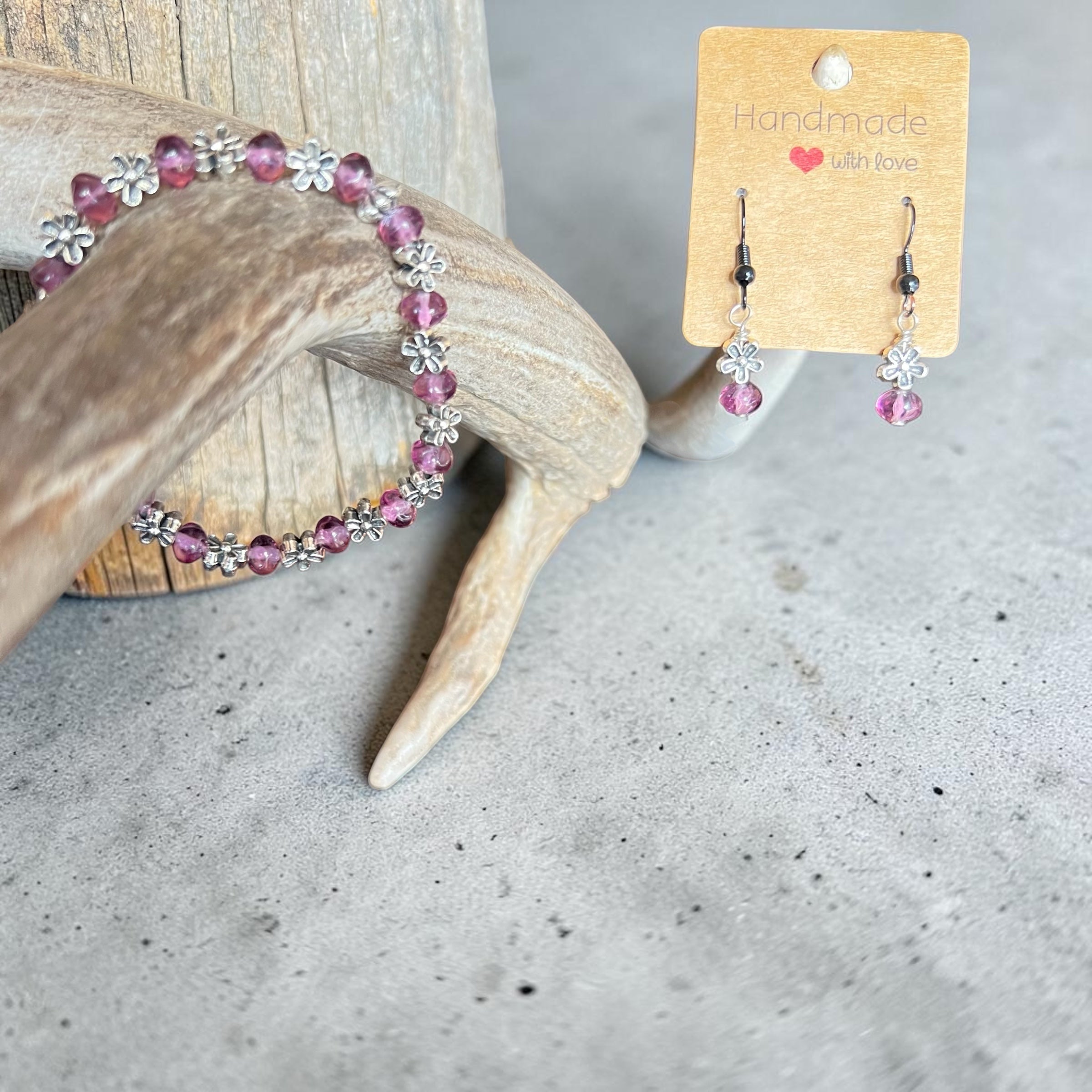 Playful Purple Fluorite & Flower Bracelet + Earring Set