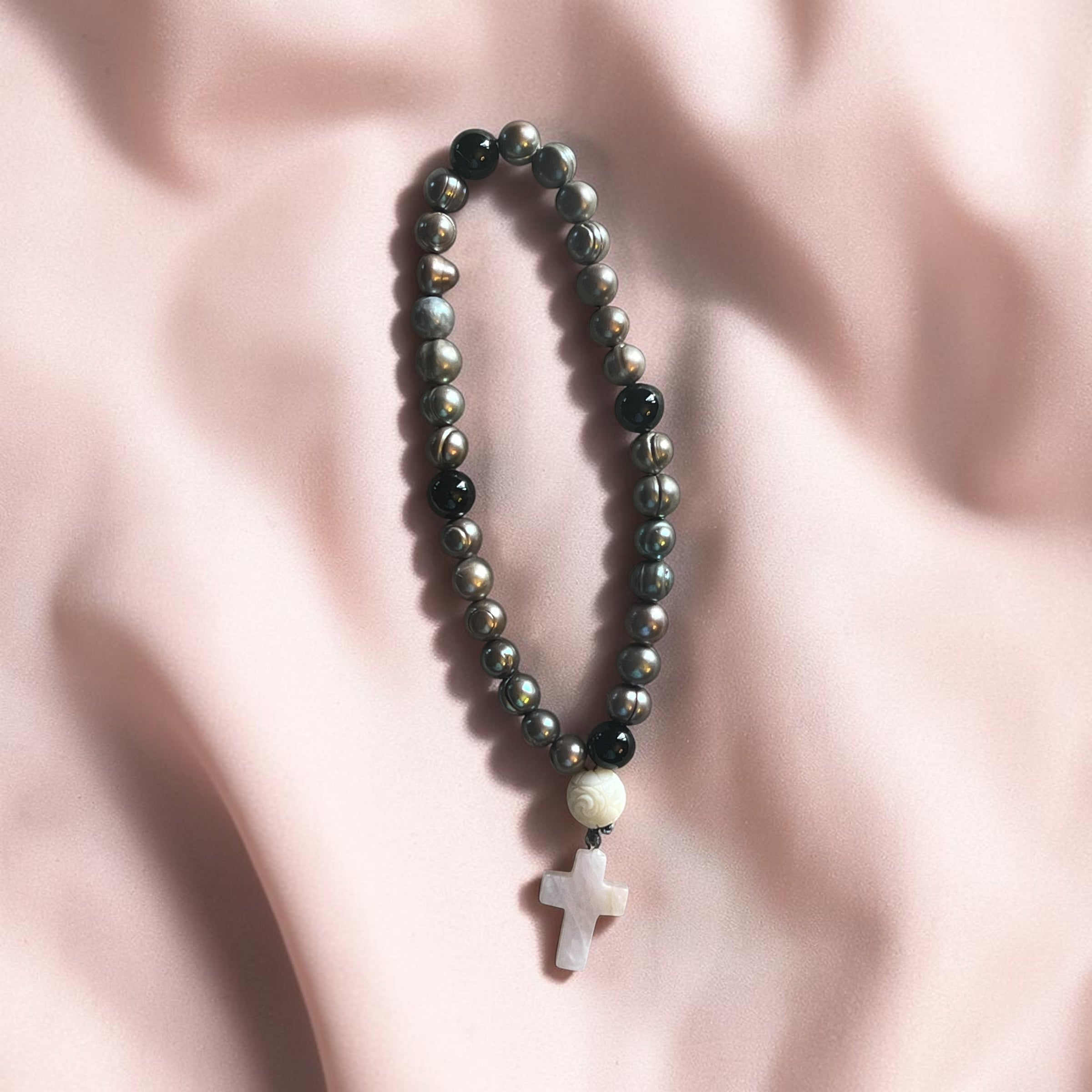 Elegant Pearl Prayer Beads with Rose Quartz Cross