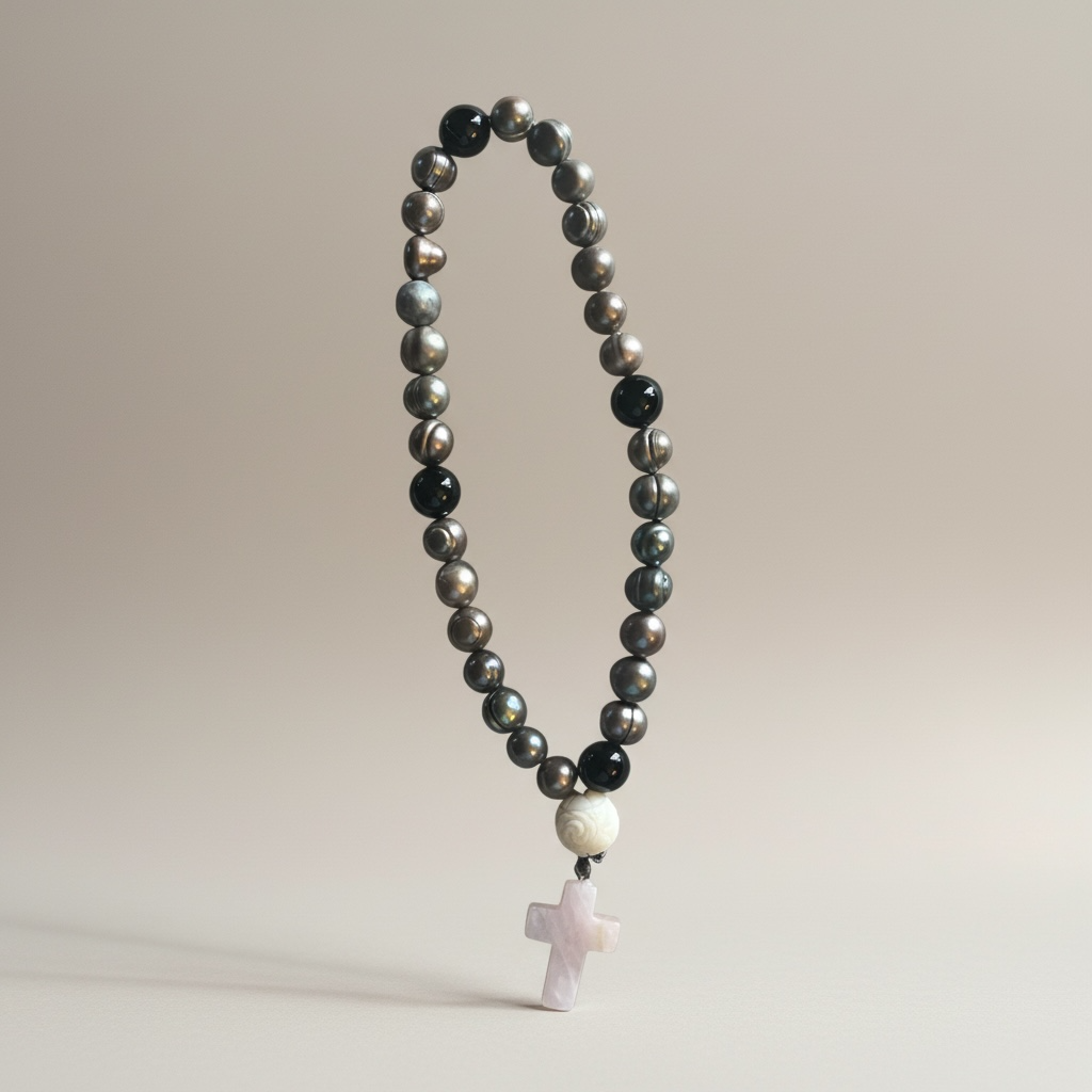 Elegant Pearl Prayer Beads with Rose Quartz Cross