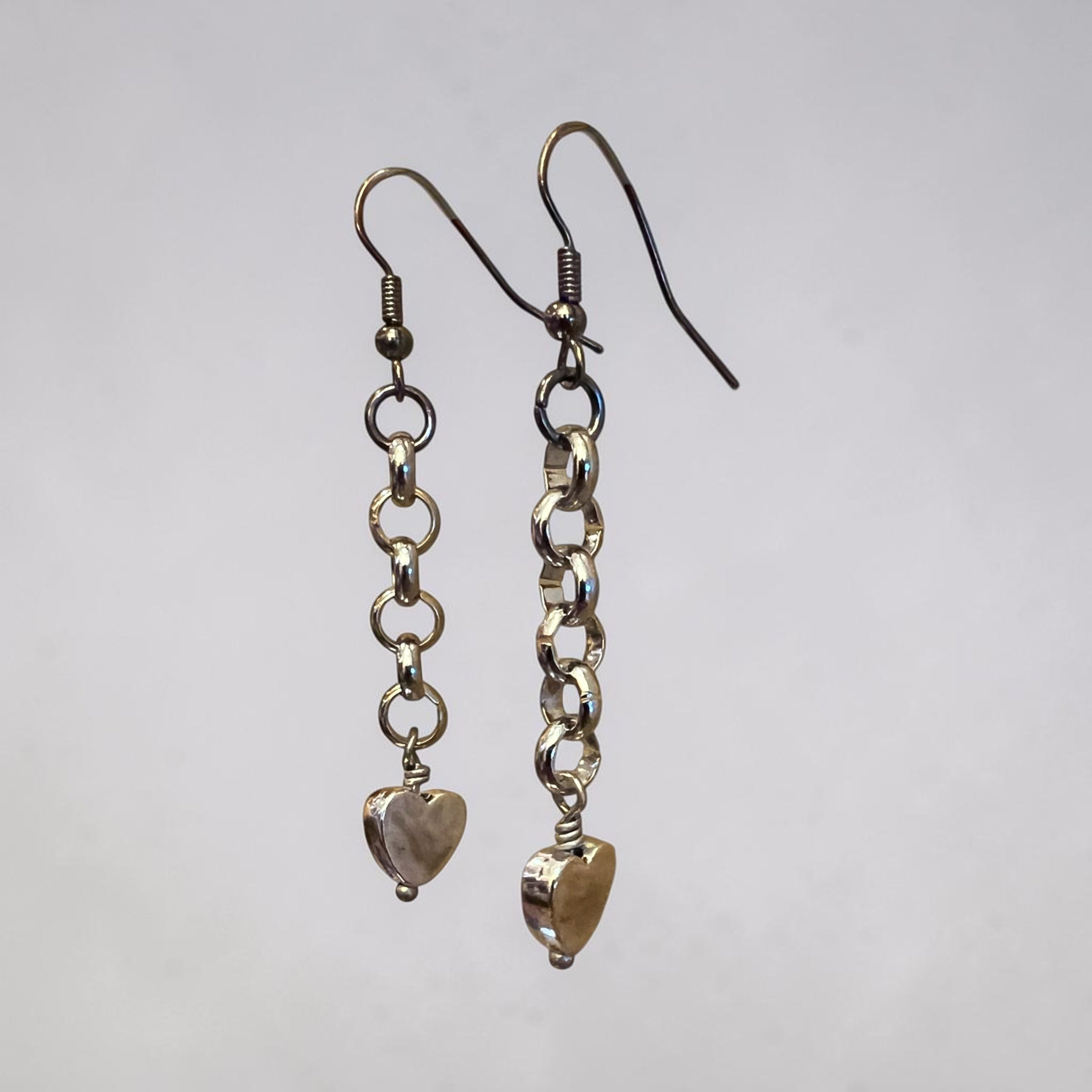 Antique Silver Rolo Chain Heart Earrings