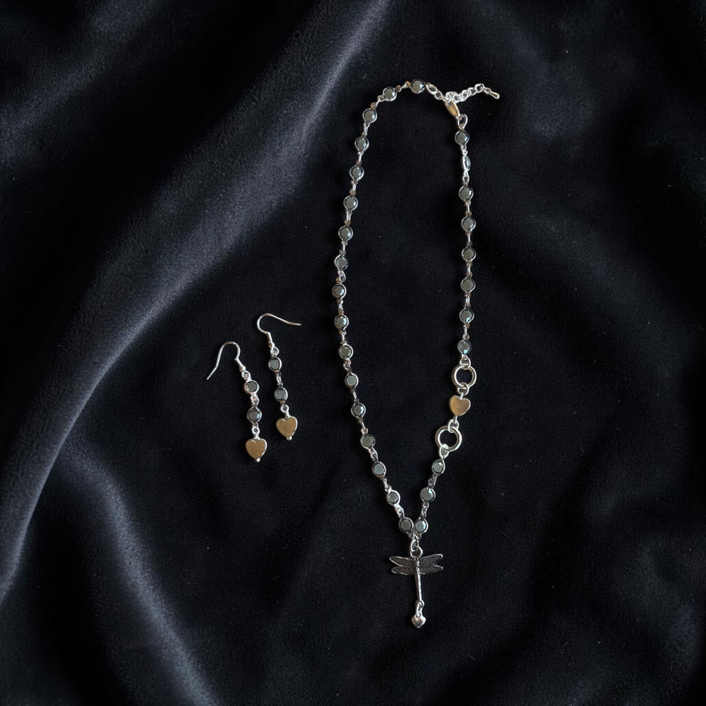 Greige Glass Disk Necklace + Earring Duo