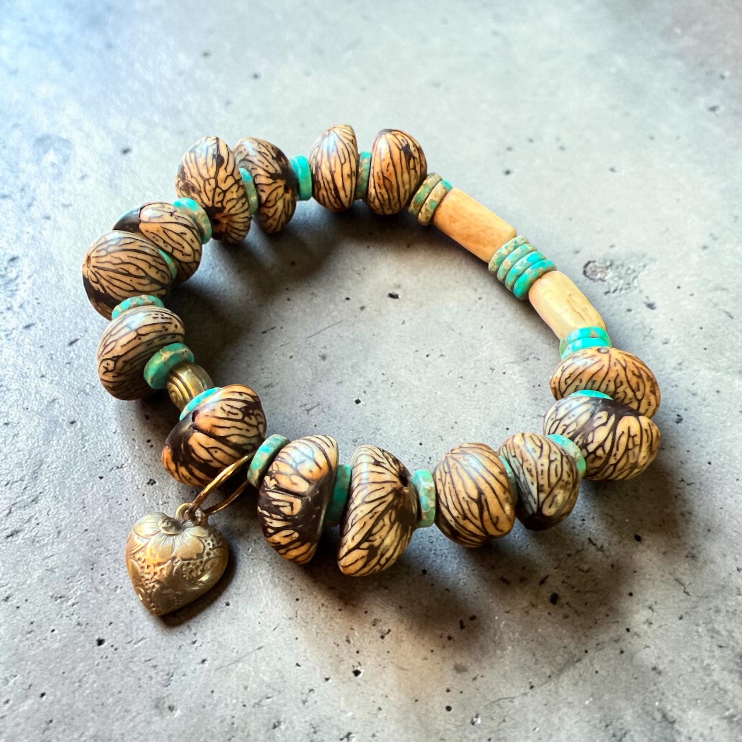 Tagua Nut, Turquoise and Bone Stretch Bracelet