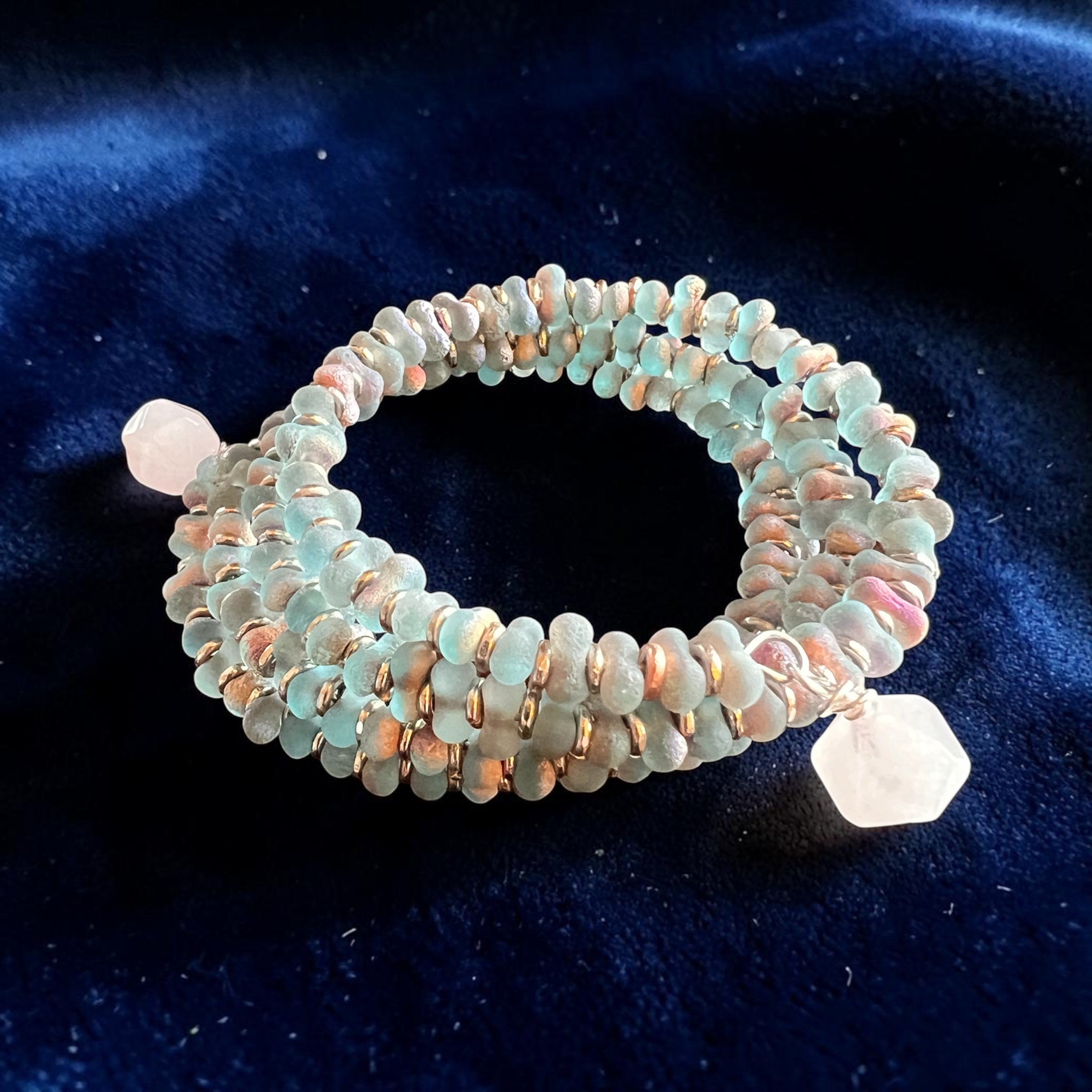 Aqua Etched Peanut Bead Wire Bracelet