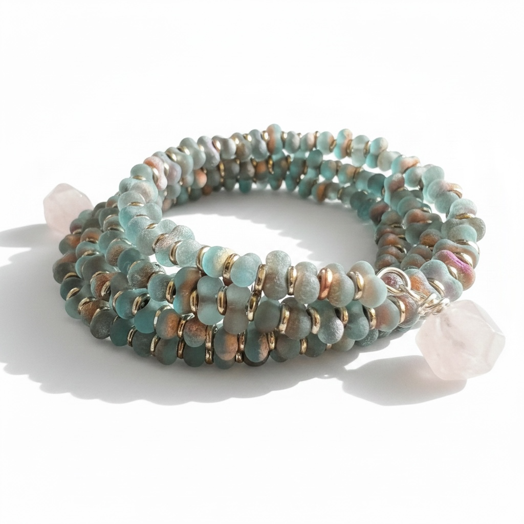 Aqua Etched Peanut Bead Wire Bracelet