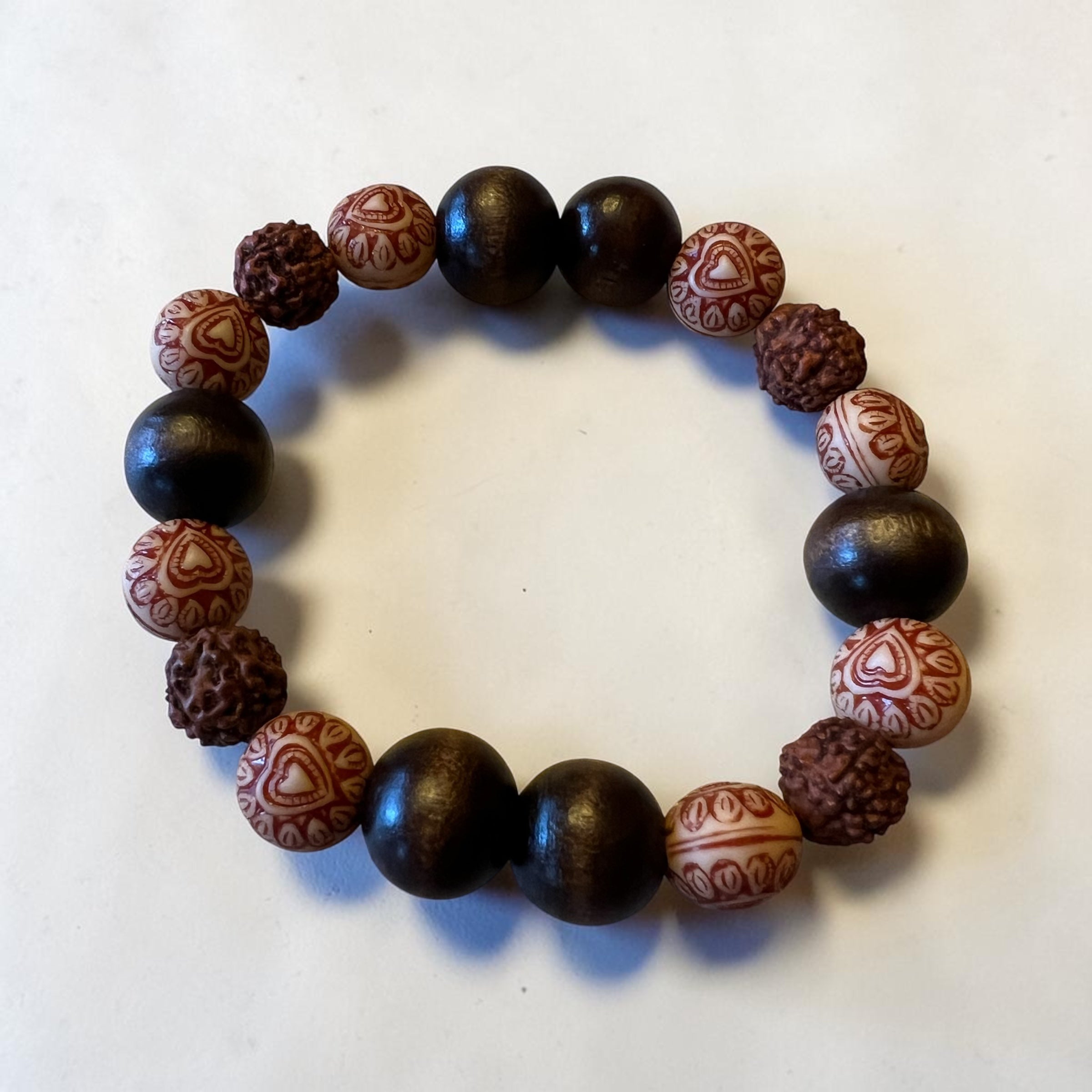 Rudraksha & Whimsical Wood Bead Bracelet