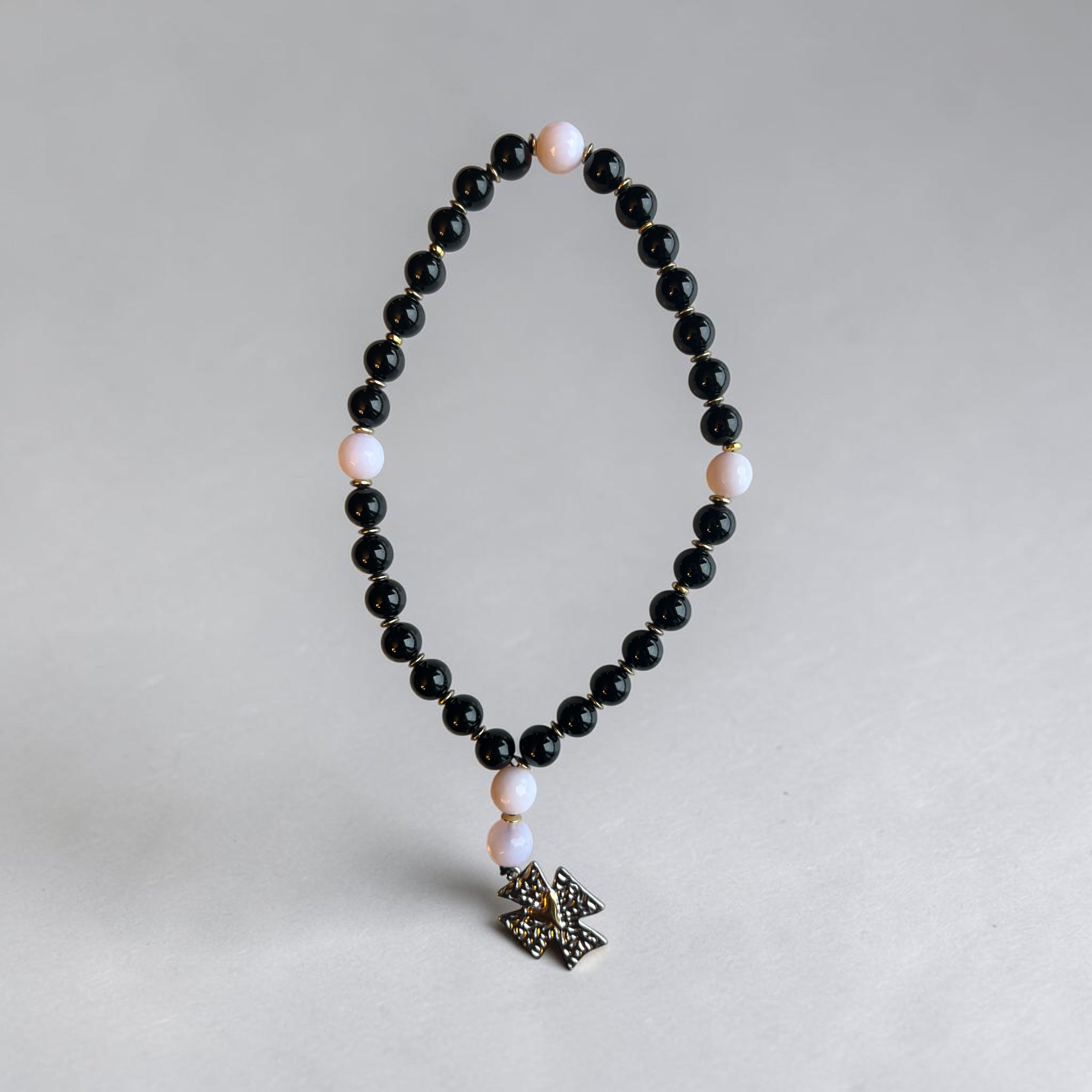 Black & Pink Prayer Beads with Silver Cross