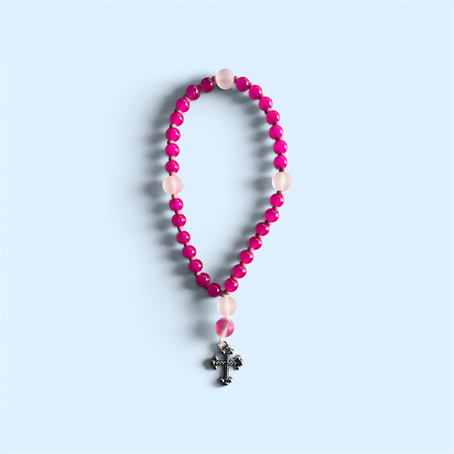 Vibrant Pink Prayer Beads with Cross