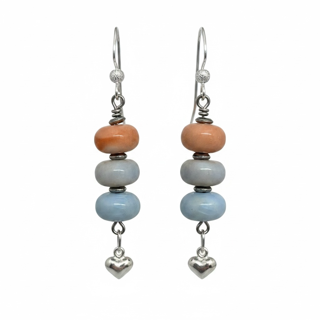 Opal Rondelle Earrings with Tiny Heart Drop