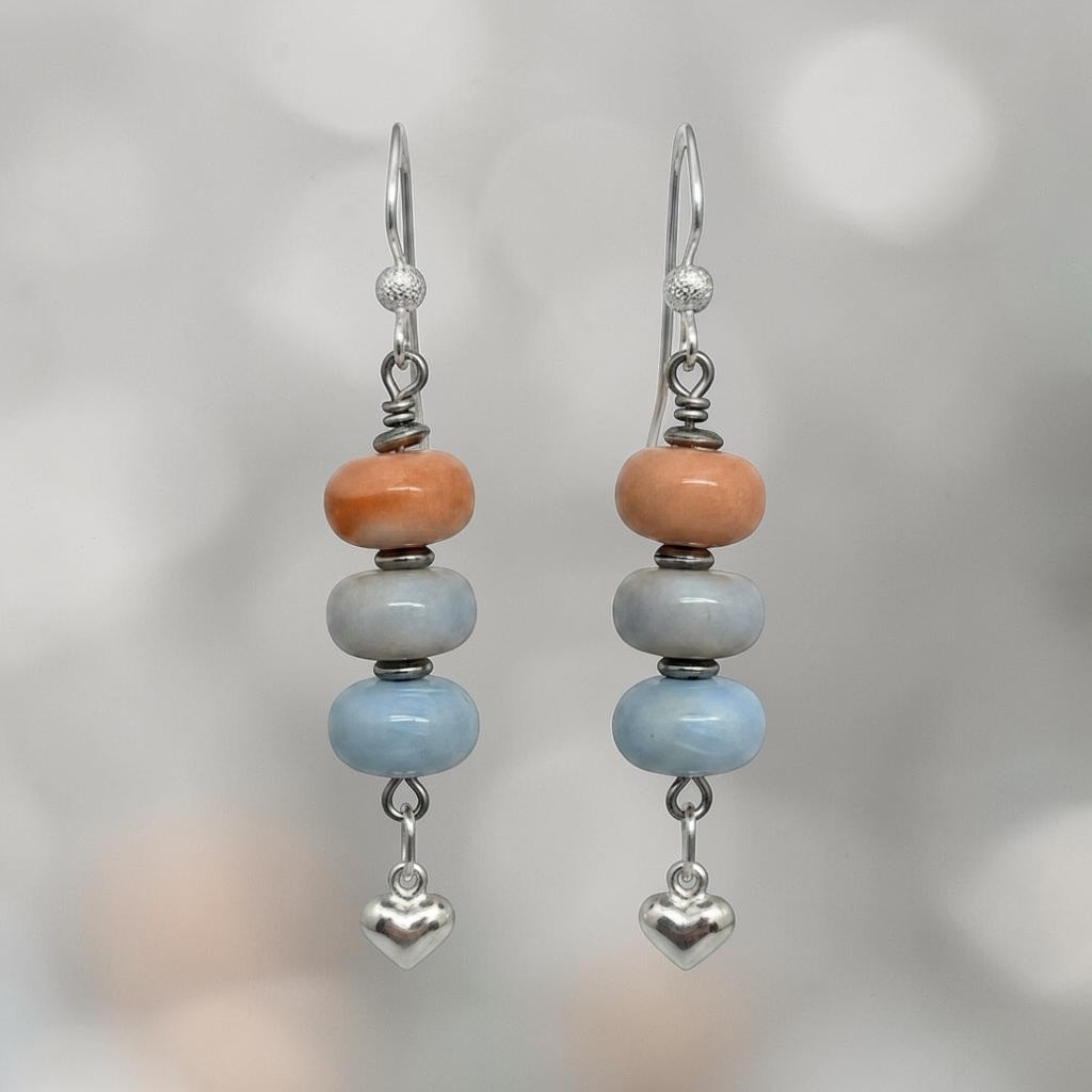 Opal Rondelle Earrings with Tiny Heart Drop