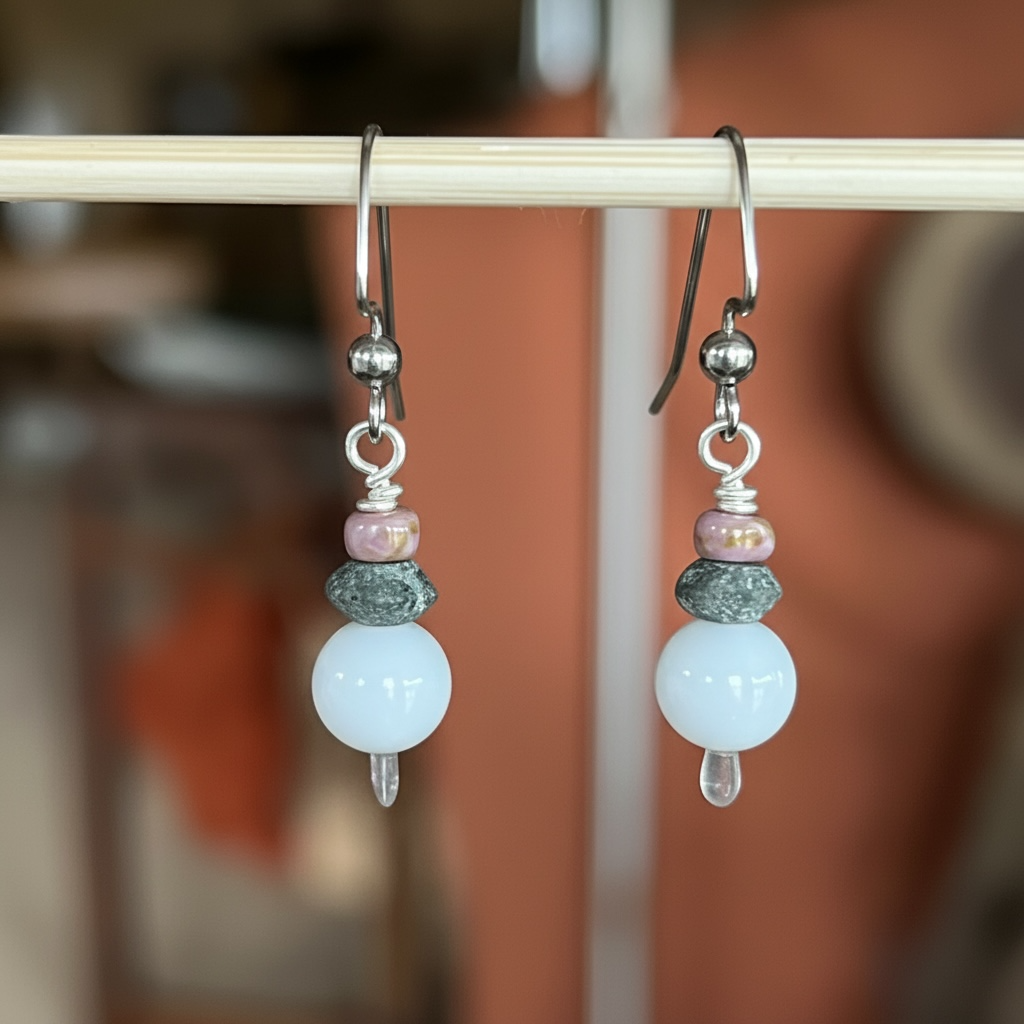 White Bead Drop Earrings with Pink Accent